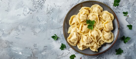 Poster - Russian style pelmeni ravioli and dumplings with meat on a plate with a light concrete background suitable for a copy space image
