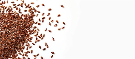 Aufkleber - Flax seeds scattered on the edge of a frame on white backdrop with copy space image