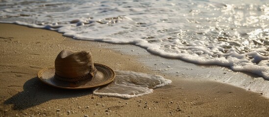 Poster - A sandy beach with a brown hat and knapsack by the sea showing seawater washing up the shore post wave with sandy texture visible in the background for a copy space image