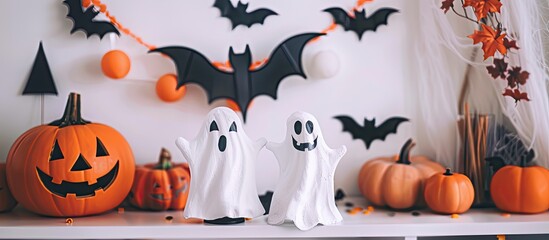 Poster - A Halloween themed shelf setup features wooden ghost and pumpkin decorations on a white wall with bats along a banner offering copy space in the image