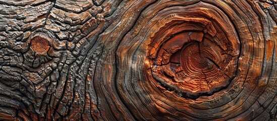 Aufkleber - Polished tree trunk with a prominent knot and a distinctive brown wood pattern provides a visually captivating copy space image
