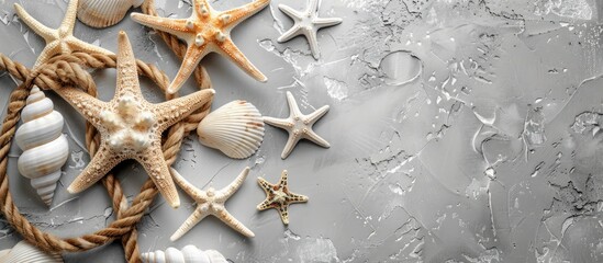 Wall Mural - Nautical themed background in gray hues adorned with starfish seashells and rope elements on a copy space image