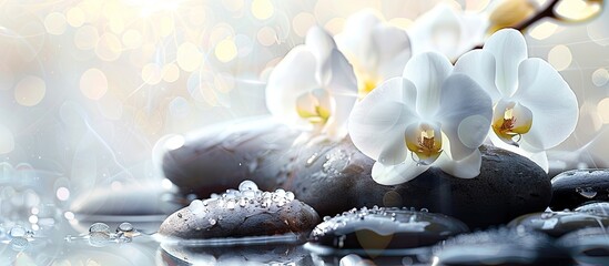 Sticker - White orchid displayed on rocks spa theme with a copy space image