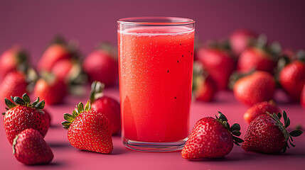 Wall Mural - Strawberry juice in a transparent juice glass surrounded strawberries