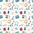 © alex_cardo - office stationery pattern. cartoon flat business management icons collection, work office stationery kit supplies. vector seamless pattern.