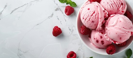 Poster - A top view of pink ice cream with raspberries on a white table offering copy space for text in a horizontal background setting