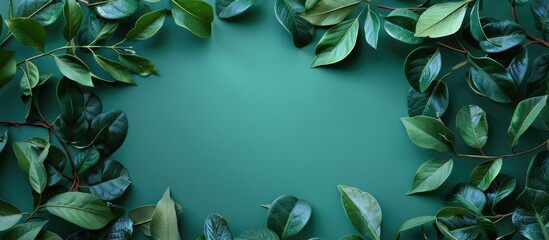 Aufkleber - Creative minimalism with a frame composed of fresh green leaves on a green background provides a striking copy space image
