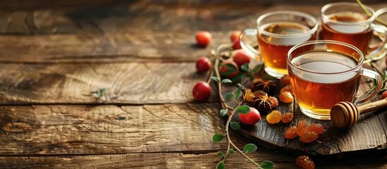 Poster - Warm rosehip tea with honey and dried fruits displayed on a wooden table creating a cozy ambiance in a copy space image