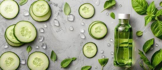Aufkleber - Spa treatments using cucumber soap a bottle of cucumber extract and cucumber slices displayed in a copy space image for body care products