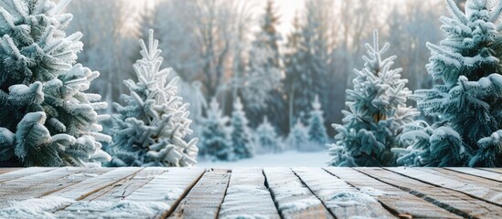 Poster - Snow covered forest with snow covered fir trees on wooden flooring in a winter Christmas landscape perfect for a copy space image