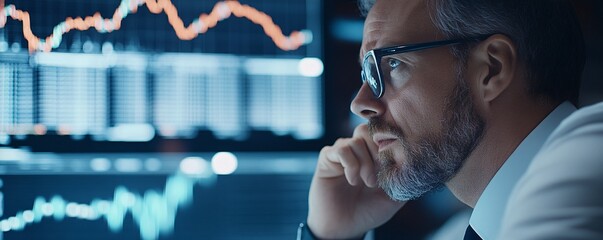 Poster - A businessman looks concerned as he reviews financial reports, with a backdrop showing a split screen of a stock market graph and a chaotic political scene. The composition highlights the uncertainty
