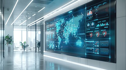 Poster - A digital wall display in a high-tech office showing comprehensive health data analysis with layered visualizations and intricate details. Generative AI.