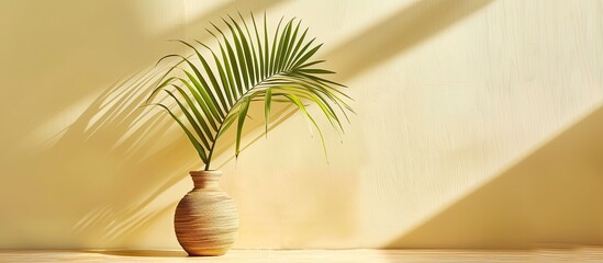 Poster - Tropical Date palm leaf displayed in a vase on a table with available copy space image