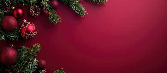 Poster - Festive Christmas backdrop with fir branches and ornaments on a crimson background perfect for copy space image