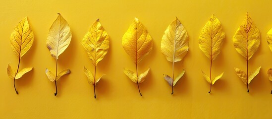 Sticker - Yellow autumn leaves creatively arranged in a minimalist style with copy space image