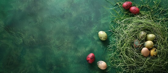 Fototapete - Nest of artificial grass with Easter eggs on a green backdrop leaving room for a copy space image