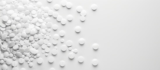 Sticker - White pills scattered on a white backdrop create a vibrant monochromatic image with space for text Related to pharmacy. Creative banner. Copyspace image