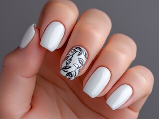 White nails with intricate silver designs, hands elegantly posed, bridal manicure.