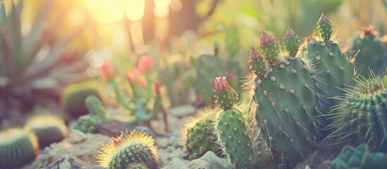 Poster - Vintage filter applied to soft selective focus image of cactus plants with copy space image