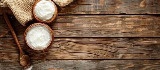 Poster - Wooden textured surface with a facial cleanser displayed perfect for copy space image