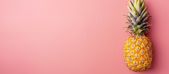 Poster - A minimalistic style photograph of a vibrant pineapple on a pink backdrop shot from above providing ample copy space image