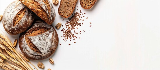 Poster - Image of tasty bread with flax seeds wheat ear and rye bakery isolated on a white background for flat lay with available copy space in the picture
