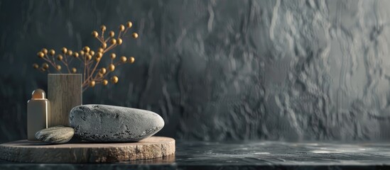 Poster - Stone decoration on a table with a dark background providing space for product placement and a copy space image