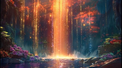 Leinwandbilder - Fountain of Eternity, divine, fantasy art style, vibrant colors, digital painting, high resolution. Generative AI.
