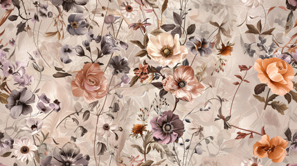 Poster - Vintage-inspired floral print with roses, anemones, and other flowers in a soft color scheme