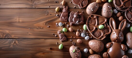 Poster - Table adorned with chocolate Easter bunnies and candies perfect for a copy space image