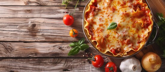 Poster - Rustic table setting with a fresh and healthy ziti pasta lasagna casserole topped with meat and tomato sauce ideal snack or meal option with ample copy space in the image