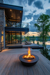 modern lakeside home floating terrace with firepit