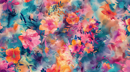 Poster - Vibrant watercolor flowers and leaves on a textured background, creating a lively and cheerful seamless floral pattern