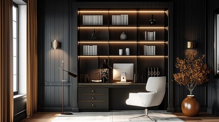 Poster - Modern minimalist home office, desk and armchair in front of the dark wall with built-in bookcase cabinet, black metal floor lamp, white and black color scheme, modern simplicity. Generative AI.