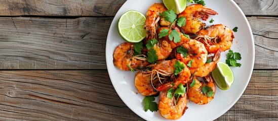 Aufkleber - A tasty dish of crispy fried shrimp topped with lime wedges and fresh coriander on a white plate placed on a wooden table with space for text seen from a bird s eye view. Creative banner