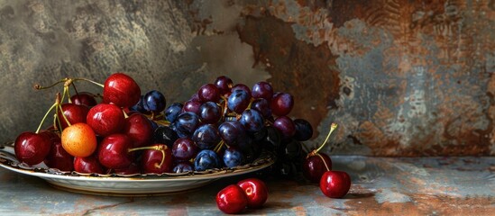 Poster - A plate featuring cherries and grapes with copy space image available