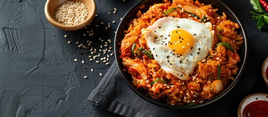 Canvas Print - Korean kimchi fried rice with white sesame is a popular dish made from fried rice and kimchi as shown in the copy space image