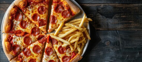 Poster - Pizza dough topped with cheese pepperoni and served with a side of French fries on a copy space image