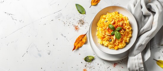 Poster - Horizontal image of pumpkin risotto placed on a white table with a contrasting napkin featuring copy space for additional content