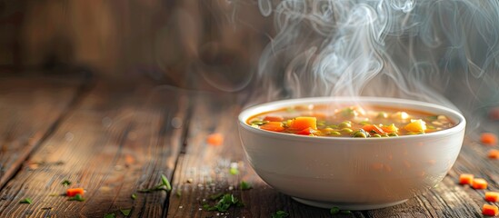 Poster - Selective focused image of vegetable soup in a white bowl on a wooden table with smoke rising leaving room for text or other elements. Creative banner. Copyspace image