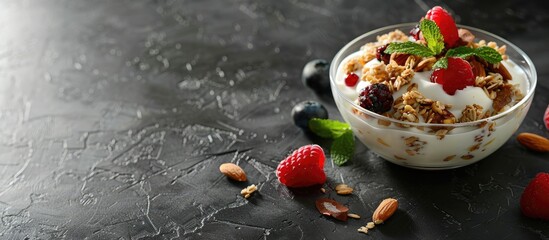 Wall Mural - Glass bowl with granola mix of yogurt nuts and fruits on dark backdrop A scrumptious and nutritious breakfast treat Copy space image close up view