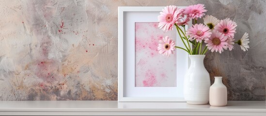 Aufkleber - A portrait oriented white frame with pink daisies in a vase placed on a desk or shelf creating an appealing copy space image