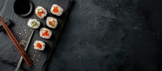 Aufkleber - Top view of Japanese crab meat mousse sushi with soy sauce on a stone board with chopsticks in a close up shot against a black concrete background emphasizing the copy space image