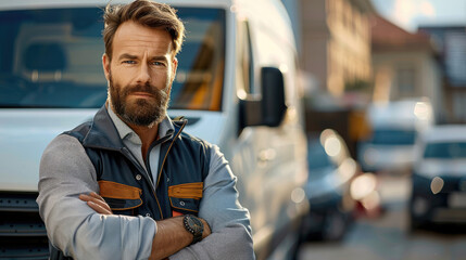 Poster - Locksmith with a white work van behind him, light background, natural light. Generative AI.