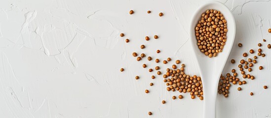 Poster - A top view studio shot of Brassica hirta mustard seeds in a white spoon on a white background with soft light providing copy space for an image