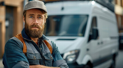 Poster - Locksmith with a white work van behind him, light background, natural light. Generative AI.