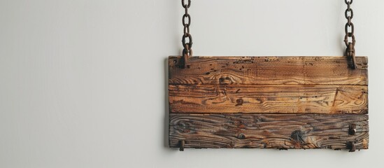 Poster - A wooden signboard hangs from a metal chain against a white backdrop featuring copy space for an image