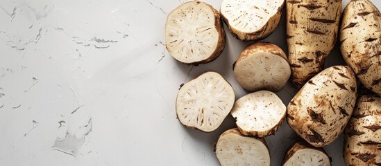 Poster - White background with Chinese yam creating space for image. Creative banner. Copyspace image