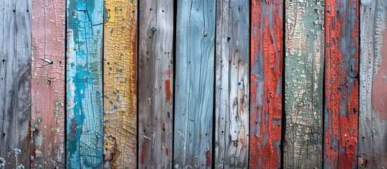 Sticker - A weathered multi colored wooden fence with an aged cracked surface against a rustic background ideal for a copy space image