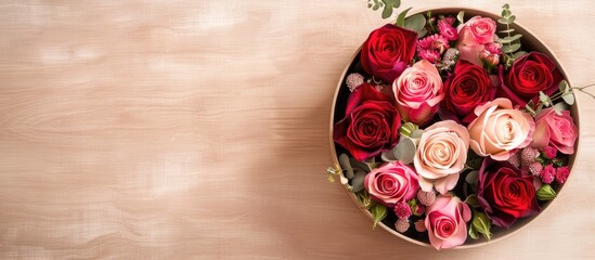 Poster - A round box filled with flowers placed on a light wooden surface with Happy Valentine s Day written on it ideal for a copy space image